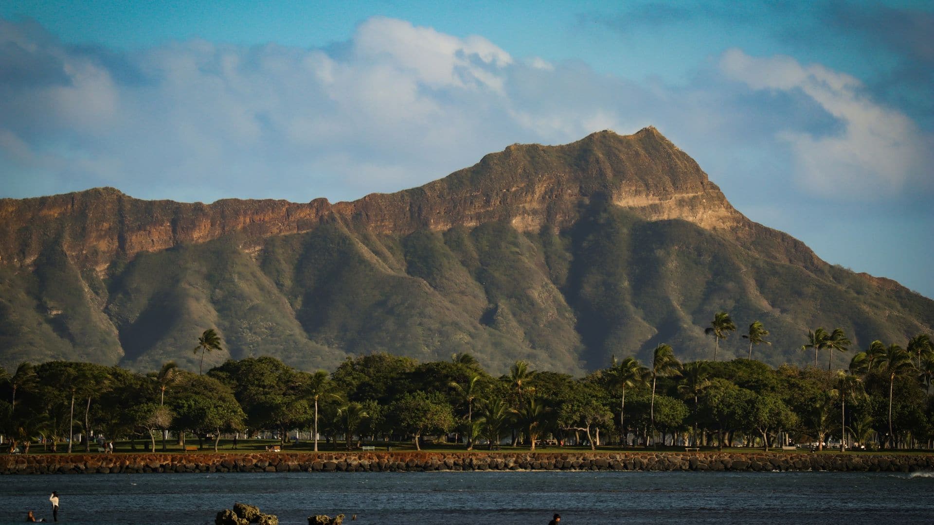 Diamond Head crater rising above palm trees and calm water in Honolulu