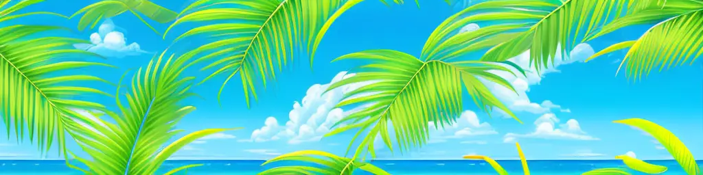 A tropical beach scene with palm trees and a bright blue ocean