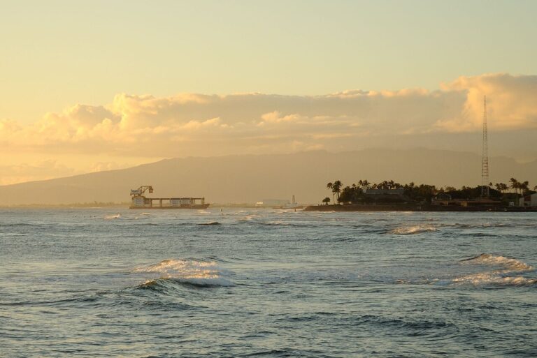 Container ship pulling into Honolulu Harbor, Hawaii