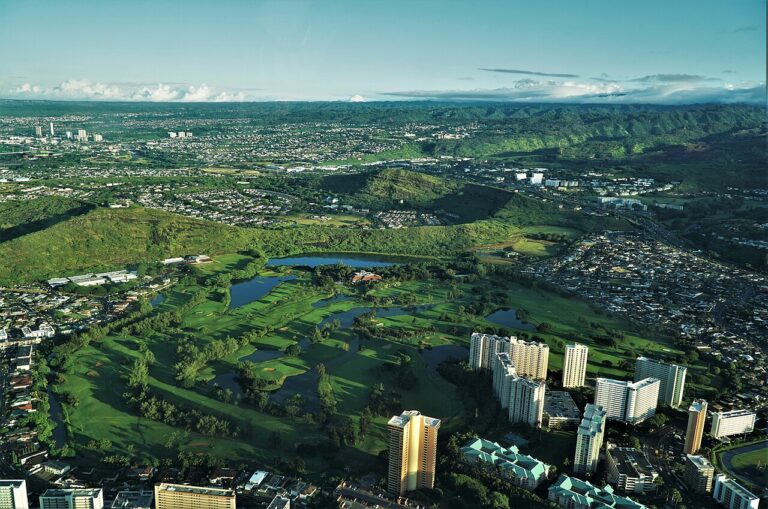 Aerial view of Salt Lake residential neighborhood in Honolulu Hawaii showing homes and property