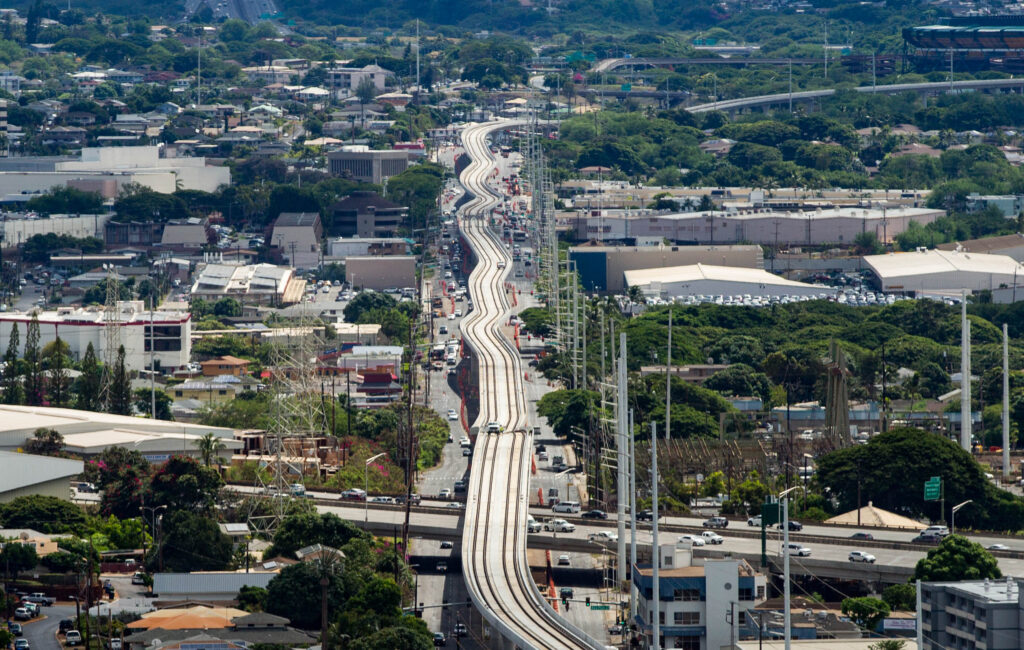 Honolulu Skyline rail transit above Kamehameha Highway on Oahu